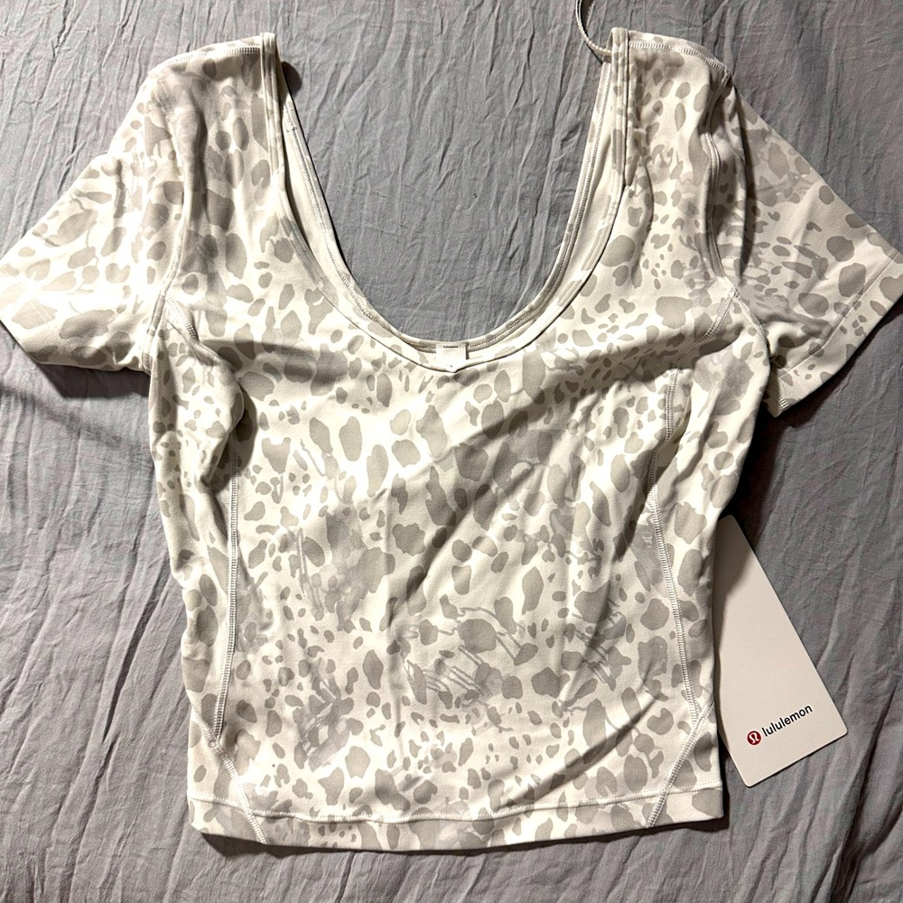 Lululemon- White & Silver Cheetah Print Align Tee- Size 2